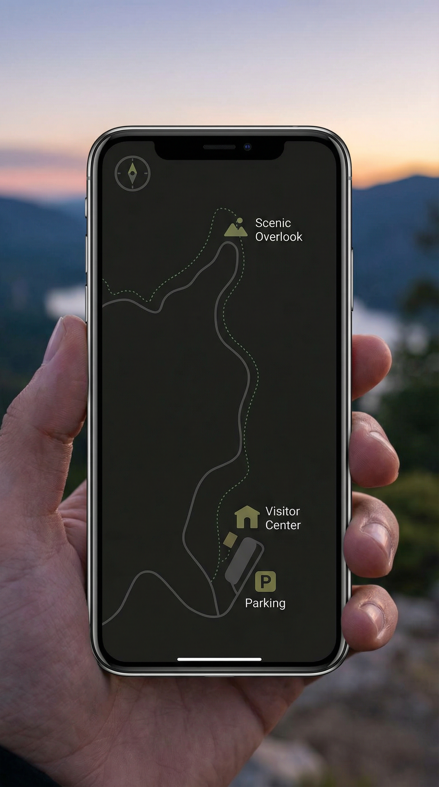 A visitor holding a phone showing a standard flat map.