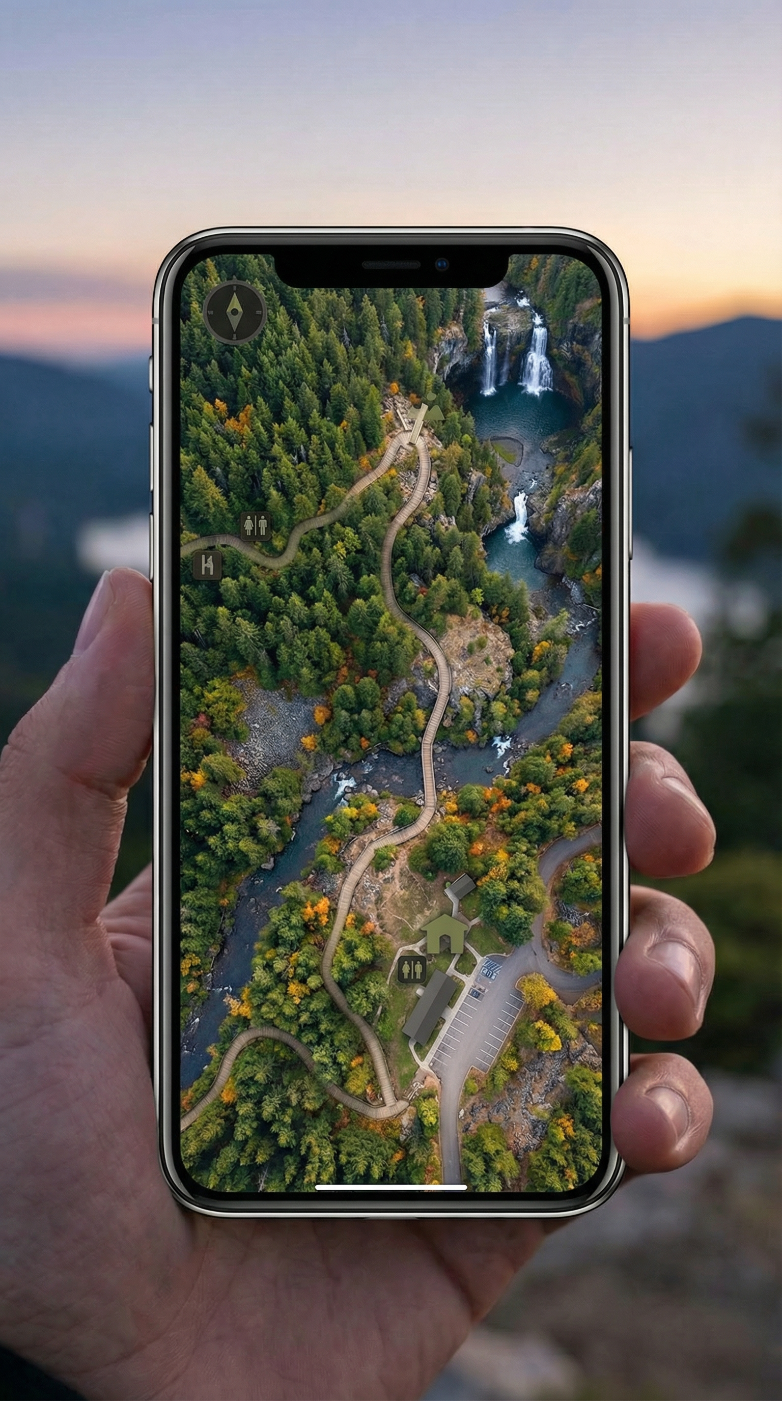 A visitor holding a phone showing a spatial park view.